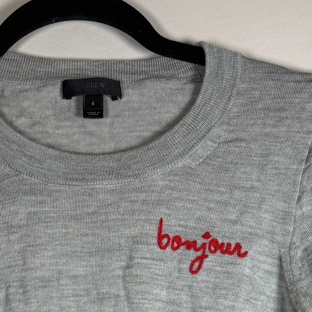 J. Crew 100% Tippi Merino Wool Sweater Bonjour French Gray 3/4 Sleeves Sz Small